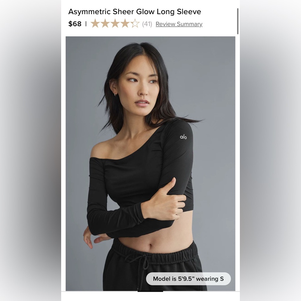 ALO Yoga Black Asymmetric Sheer Glow Long Sleeve Top